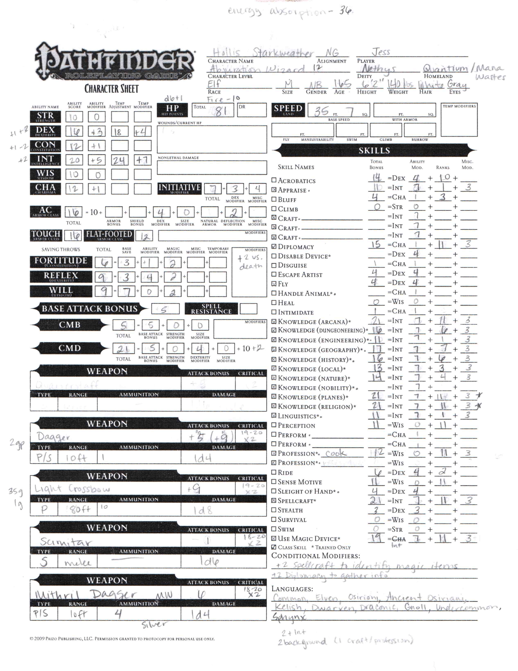 Character Sheet: Hollis (Level 11) - Find the Path Ventures